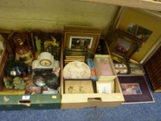 Clocks, Whiskey decanters, pictures and miscellanea in two boxes