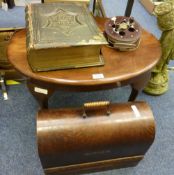 Walnut coffee table, Singer sewing machine, Victorian family bible and a fishing reel