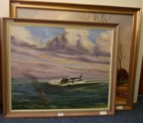 'Sunderland' Aircraft oil on board by Harry Beadnall, and a hunting scene oil on canvas by same