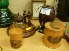 Victorian Lignum Vitae string dispenser in the form of a barrel 9.5cm, Victorian treen inkwell and