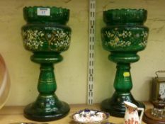 Pair of Victorian green glass lustres with enamel decoration 36cm