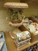 Large Capodimonte urn and a small casket