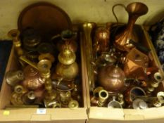 Brass, copper and other metalware in two boxes