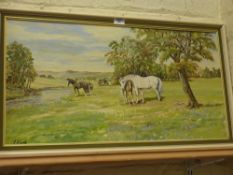 Horses Grazing in Meadow oil on canvas by Stanley Clark