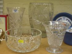 Cut crystal fruit bowl and three vases