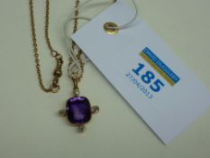Vintage pendant set with amethyst and four diamonds on chain stamped 9ct