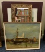 Scarborough lighthouse oil on board signed and dated W Bullamore '74, two prints and two mirrors.