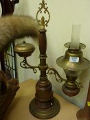 Pair of Colonial style table lamps and a copper post horn