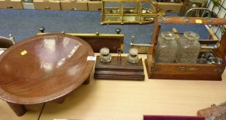 Edwardian oak tantalus, Victorian desk set and an African carved wood bowl