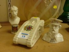 Arcadian miniature crested souvenir WWI tank, a bust of Lord Kitchener and  William Booth (founder