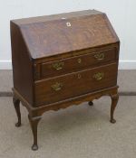George III oak bureau of two drawers on later stand 80cm