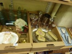 Two petit point dressing table sets, silver-plate, Beswick character jug, old bottles etc in two