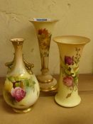 Early 20th Century Royal Worcester vase painted with roses 11.5cm and two other vases painted with