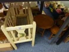 Mid 20th Century drop side dolls cot and a dolls folding table and matching pair of chairs