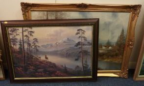 Landscape oil on canvas in swept gilt frame and a highlands scene print.