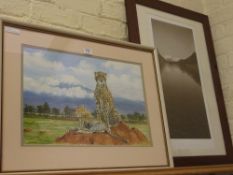 African scene with Cheetahs' watercolour by Jack Willet and a photographic print