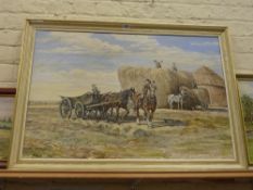 Harvest Field with Yorkshire Horse drawn Wagons, oil on canvas by Stanley Clark