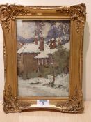 Mary Ethel Hunter (1878-1936): Houses in the Snow, oil on panel signed 23cm x16cm