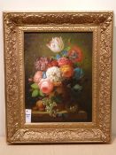 Thomas Webster (20th Century): Still life of Flowers and Fruit, oil on board signed 39cm x 29cm