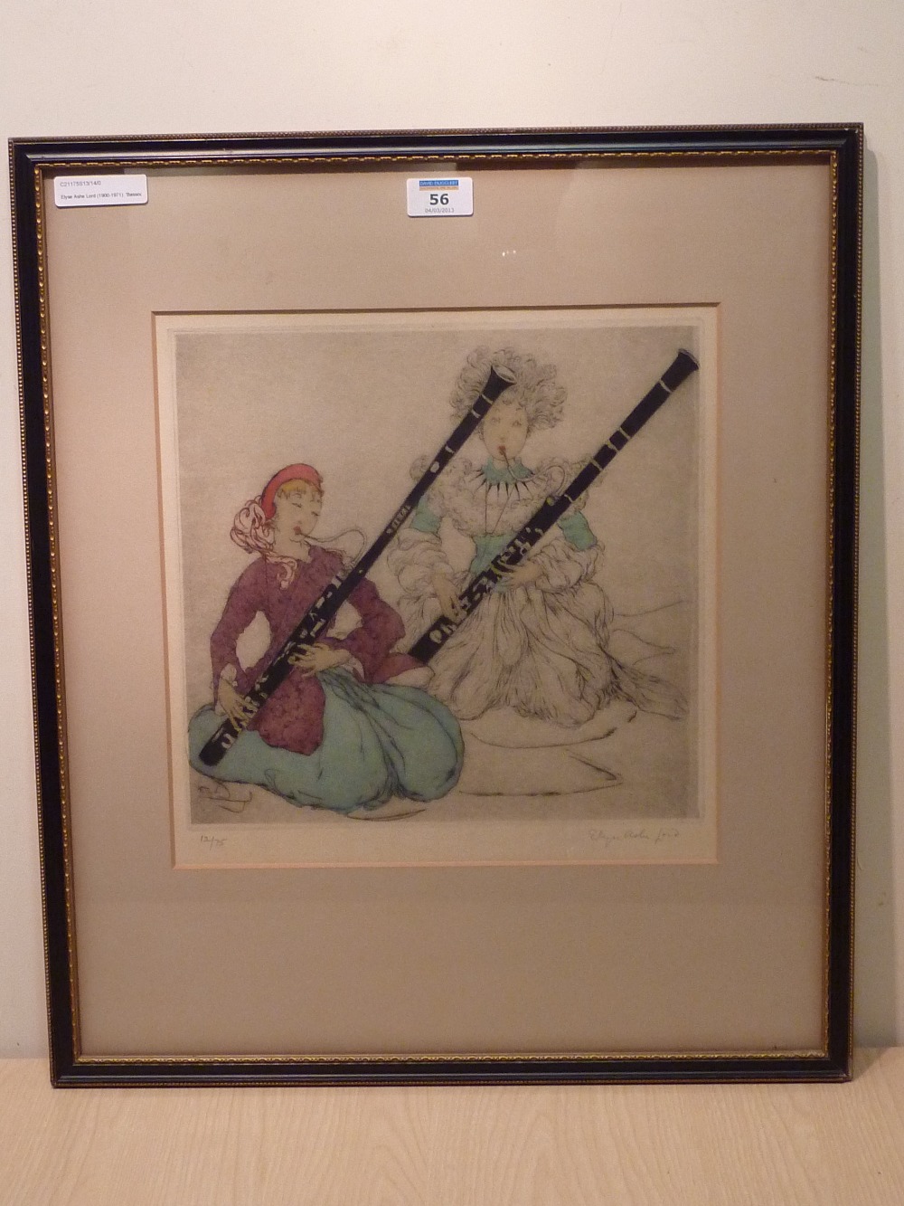 Elyse Ashe Lord (1900-1971): 'Bassoons', coloured etching artist's proof signed and numbered 12/75,