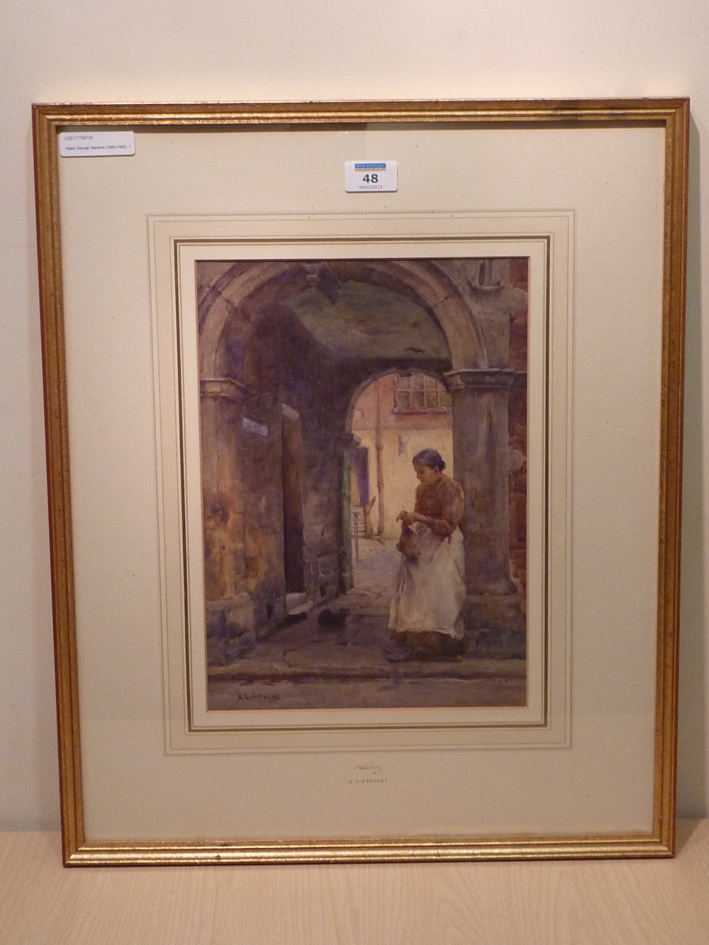 Albert George Stevens (1863-1925): 'Industry' woman knitting under an archway, watercolour signed