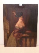 Continental School (19th century): Lady leaning on a Balustrade, oil on mahogany panel unsigned 60.
