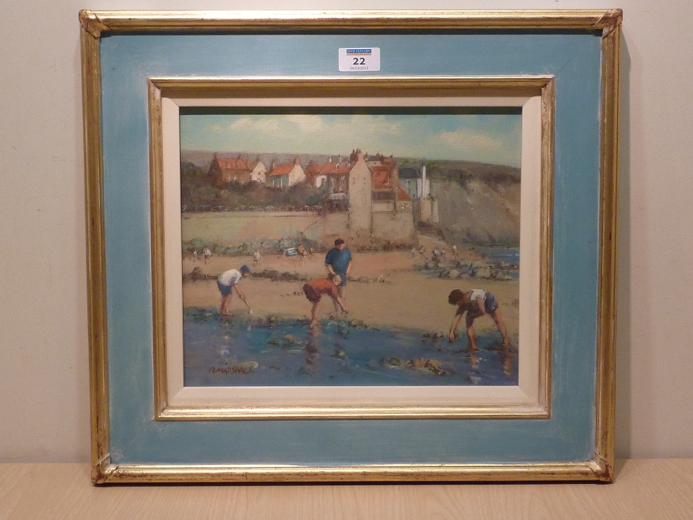 Richard Marshall (1944-2006): 'On the Beach at Robin Hoods Bay', oil on board signed 27cm x 32cm