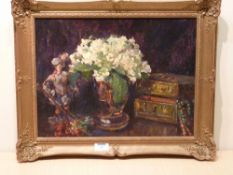 Margaret Moscheles (1893-1924): 'The Primrose Knight' still life vase of flowers with statuette