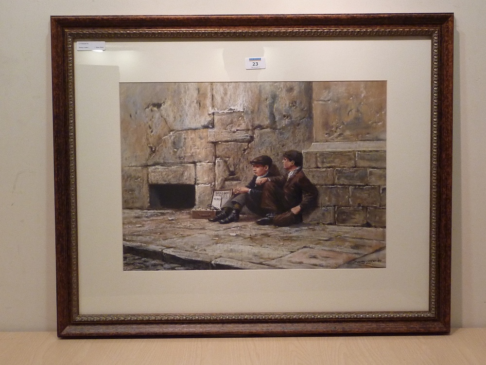 John Seerey-Lester (1945-): Shoe Shine Boys, watercolour heightened in white signed and dated '