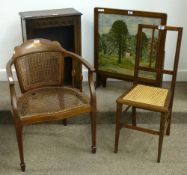 Edwardian inlaid mahogany tub shaped armchair, similar bedroom chair, a small oak bookcase and a oak