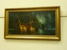 Battle by Moonlight, maritime oil on canvas by R J Mitchell