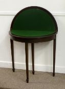 Early 20th Century mahogany demi lune card table, foldover baize lined top