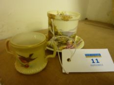 Royal Worcester miniature two handled mug painted with robins and blue tit shape no.996 date code