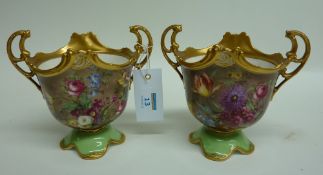 Pair of early 20th Century Royal Doulton cache pot vases all over painted floral decoration signed M