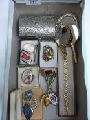 Costume jewellery, trinket box, hand mirrors, enamelled spoons etc