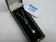 Pearl and marcasite pendant on chain stamped 925
