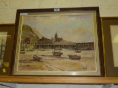 Low Tide Scarborough Harbour, oil on board signed by Don Micklethwaite