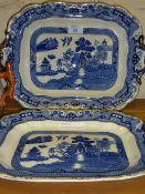 Two blue and white willow pattern meat plates