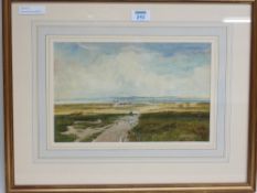 Sheep on fenland track watercolour signed by Thomas Swift Hutton