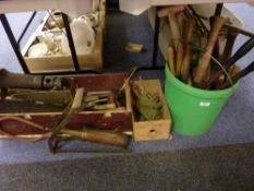 Brass foot pump, assorted tools in two boxes and a green bucket