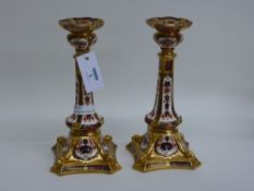 Large pair Royal Crown Derby candlesticks 'Old Imari' pattern no.1128 27cm