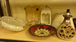 Victorian wrought iron, brass and copper hanging oil lamp, a mottled glass 1920's ceiling dome and