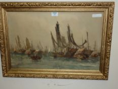 Chinese Junks early 20th Century watercolour signed Ling