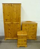 Pine double wardrobe, matching five drawer chest and bedside