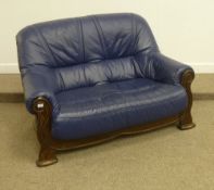 Three piece oak framed lounge suite in blue leather