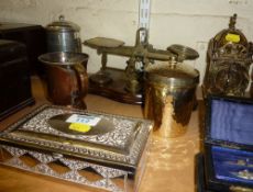 Victorian brass postal balance on walnut stand, brass carriage clock, two tankards, silver-plated