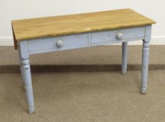 Victorian blue painted pine two drawer kitchen table with drop leaf and stripped top, 122cm wide