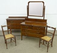 Edwardian mahogany three drawer chest, matching dressing chest and pair bedroom chairs