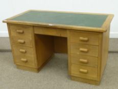 Light oak twin pedestal office desk with inset green writing surface