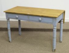 Victorian blue painted pine two drawer kitchen table with drop leaf and stripped top, 122cm wide